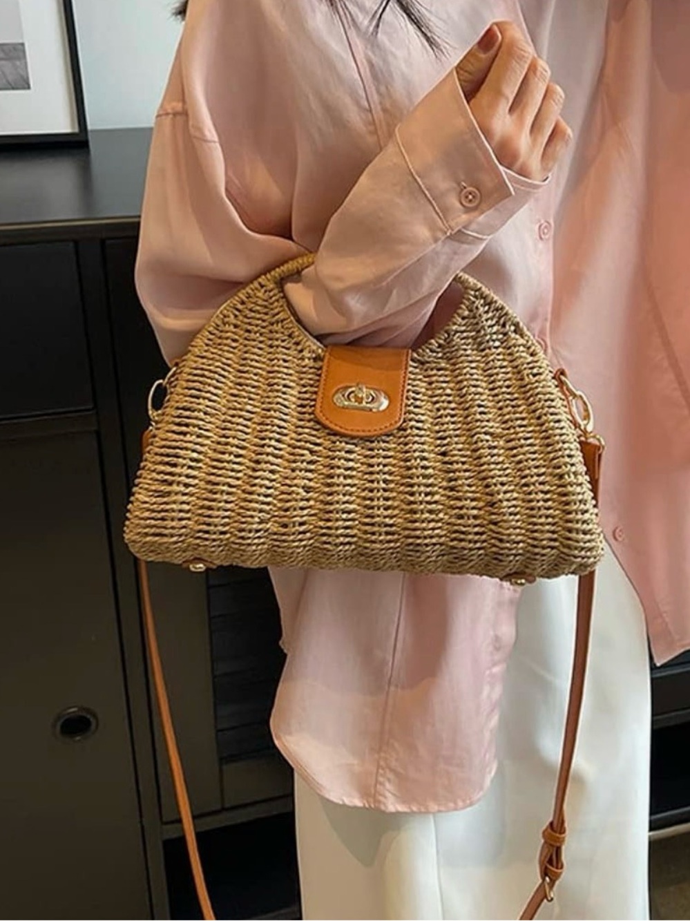 Woven Straw Top-Handle Crossbody Bag - Picture 5 of 7